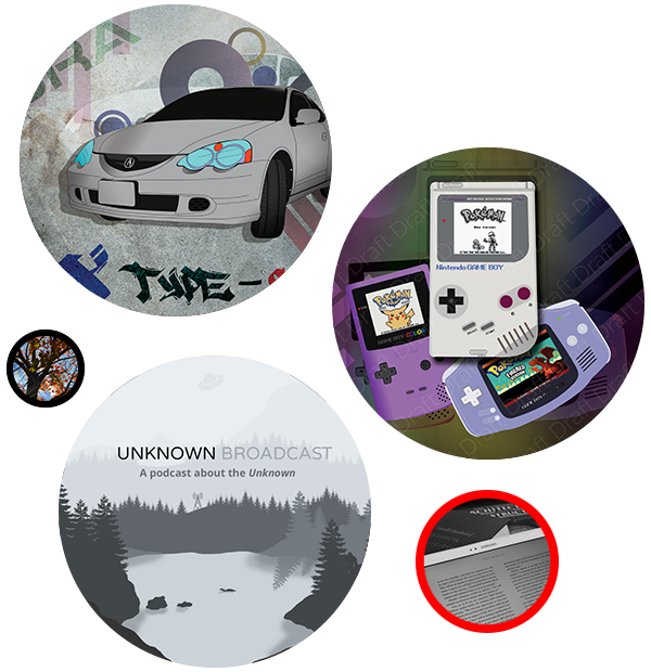 Circular images of a car, game boys, a tablet, photo of an Autumn tree, and an illustration of a lake